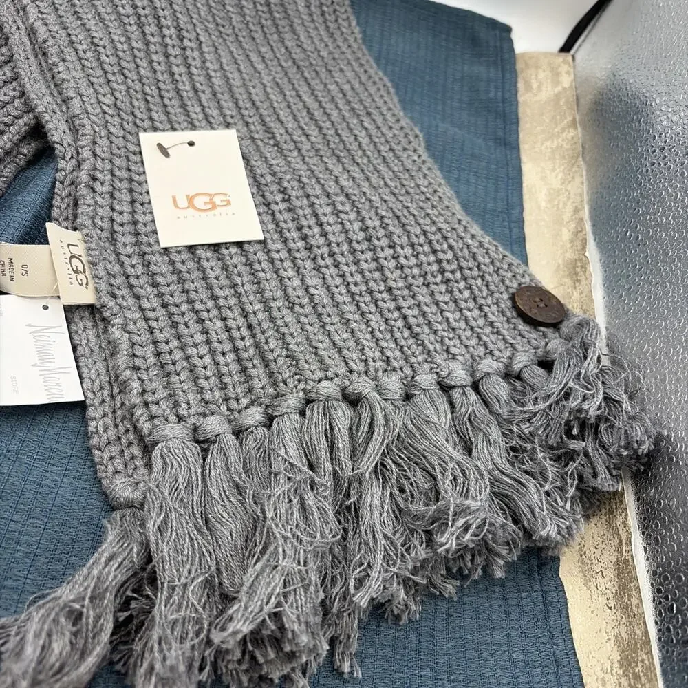 Ugg Gray Knit Winter Scarf Fringed With Accent Buttons New with Tags